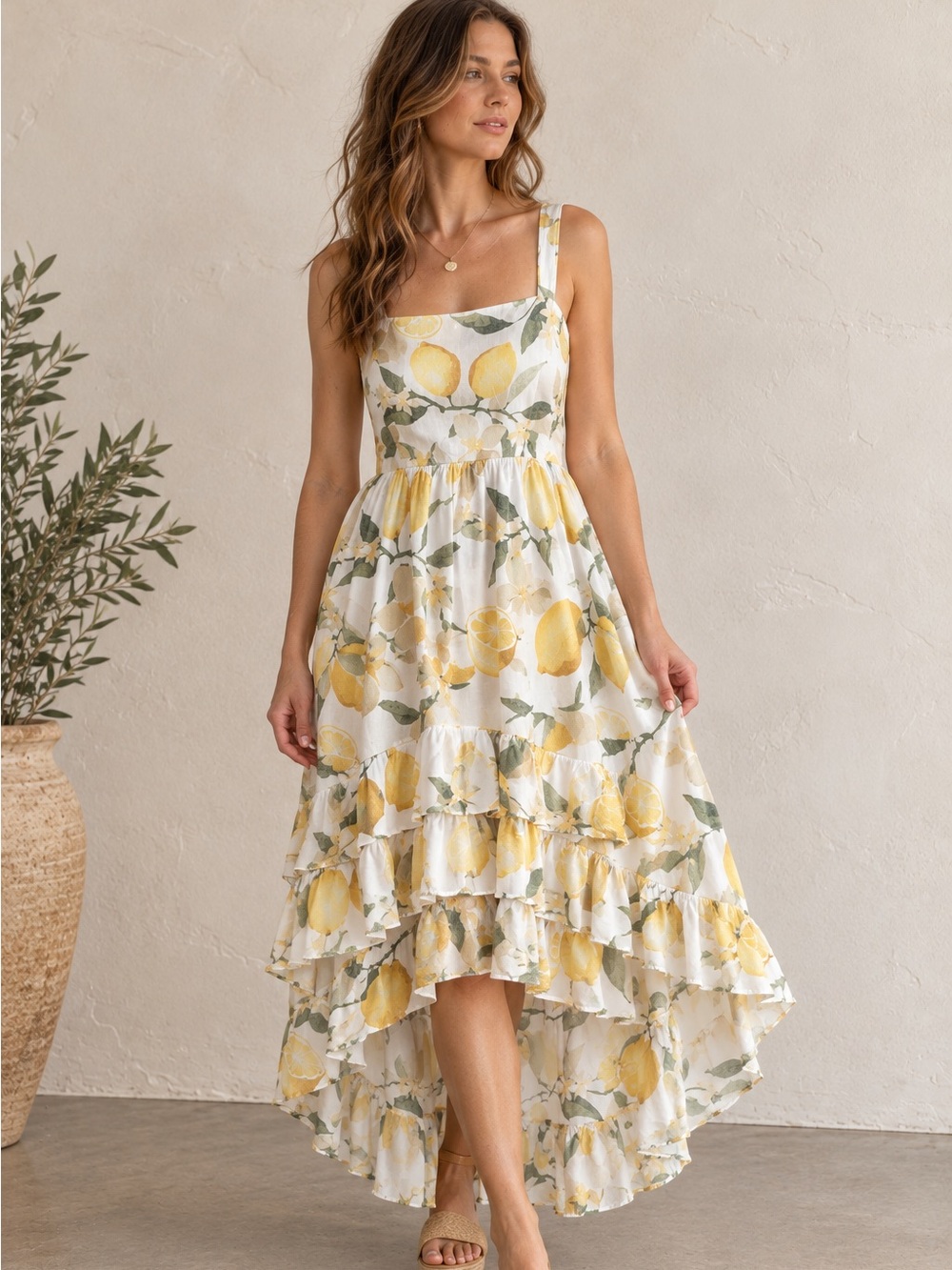 Trixxi Lemon Print Midi Dress High Low Ruffle Euro Summer Cottagecore Size L